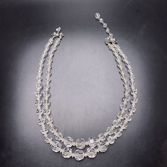 Marvella Clear Glass Bead Necklace Double Strand Faceted Beaded Collar Vintage - Picture 5 of 11